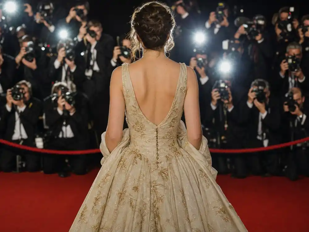 Anonymous woman from behind in vintage designer evening gown on premiere red carpet with paparazzi flash defining celebrity vintage designer fashion carpet moments