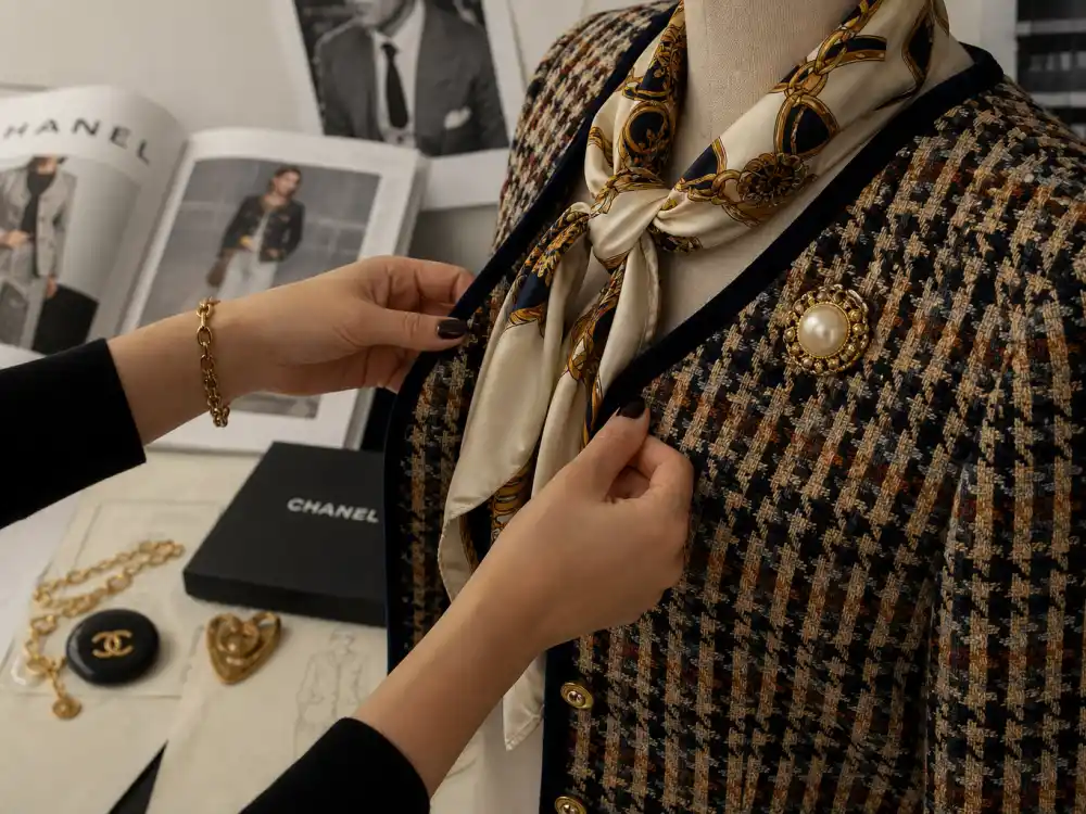 Stylist adjusting vintage designer blazer on dress form with pearl brooch showing backstage pipeline for celebrity vintage designer fashion red carpet prep