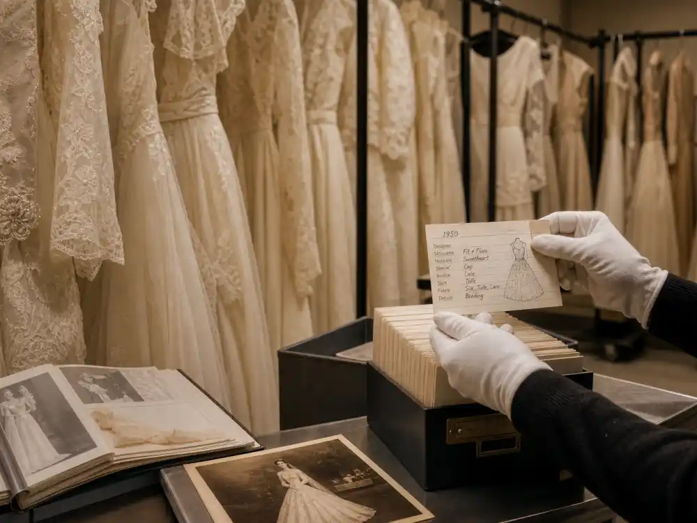 Fashion archivist cataloging vintage wedding dress collection in museum storage for celebrity vintage wedding dress inspiration research context