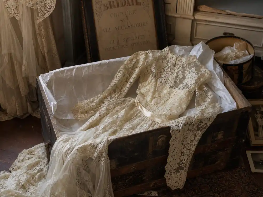 Victorian lace heirloom wedding gown preserved in tissue paper for celebrity vintage wedding dress inspiration family archive storytelling