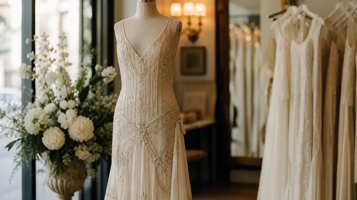 Celebrity vintage wedding dress inspiration — 1920s art deco beaded ivory gown on mannequin in upscale bridal boutique with soft window light