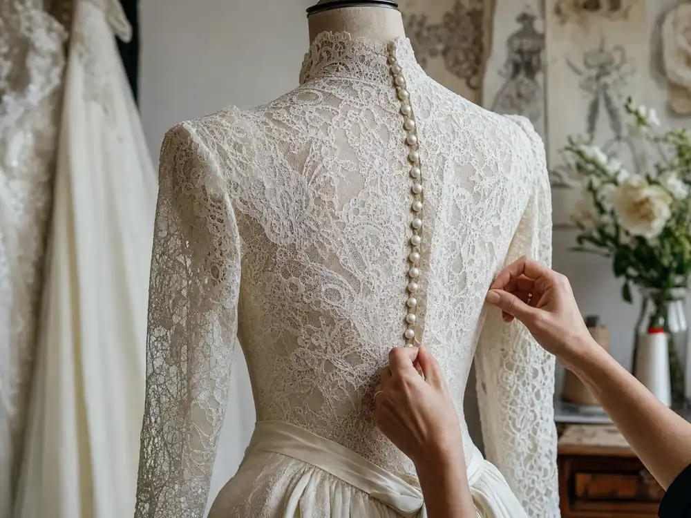 Antique Carrickmacross lace detail on vintage wedding dress bodice illustrating celebrity vintage wedding dress inspiration heirloom construction