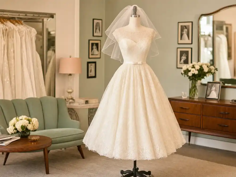 1950s tea-length vintage wedding dress on mannequin in retro bridal salon central to celebrity vintage wedding dress inspiration mid-century romance
