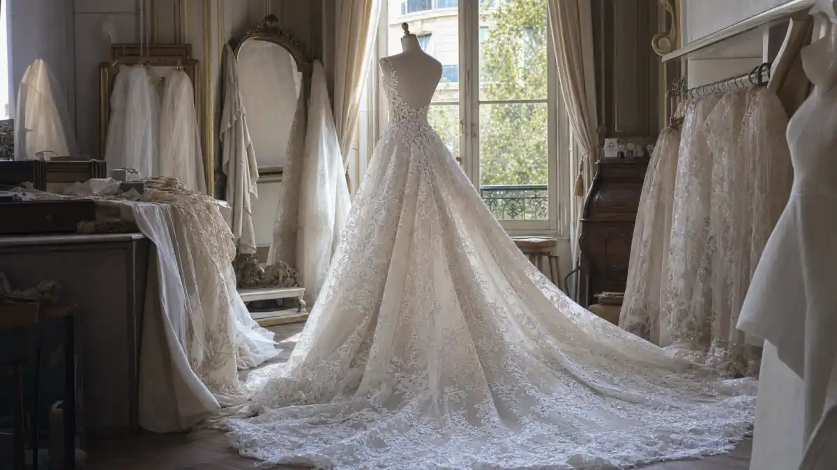 Celebrity wedding dress designers guide — ivory lace ball gown with cathedral train on mannequin in Paris bridal atelier with natural window light
