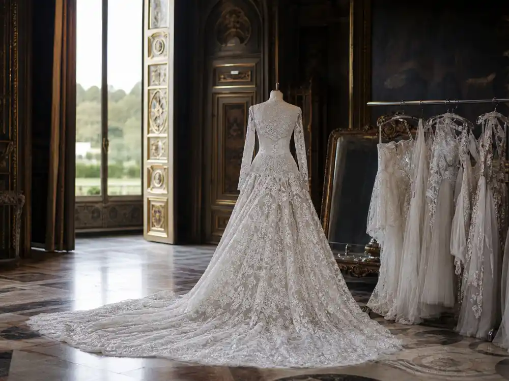 Alexander McQueen lace long-sleeve bridal gown on mannequin illustrating celebrity wedding dress designers guide royal couture chapter