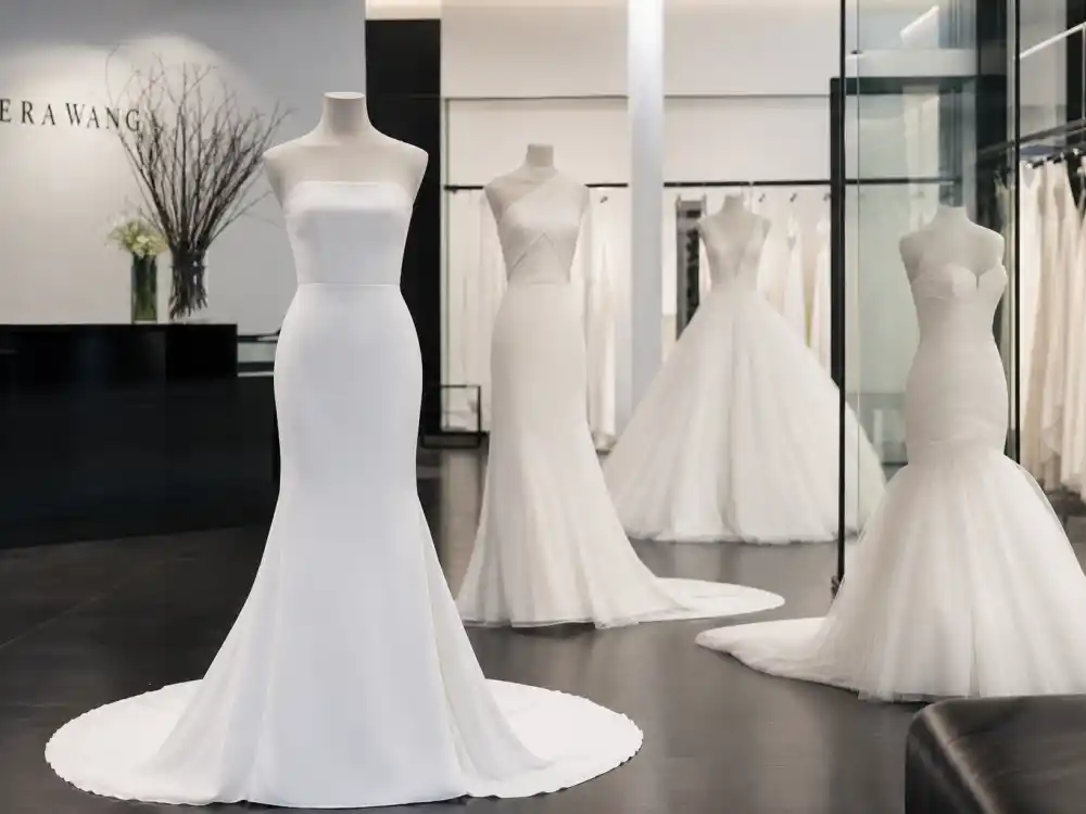 Vera Wang modern minimalist bridal gown on dress form featured in celebrity wedding dress designers guide contemporary section