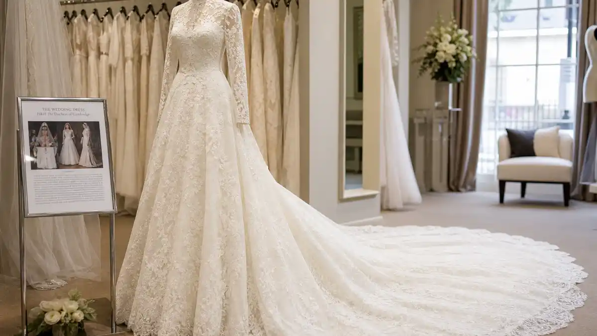 Celebrity wedding dresses most iconic — elegant white lace long-sleeve gown on mannequin in luxury bridal boutique with cathedral train