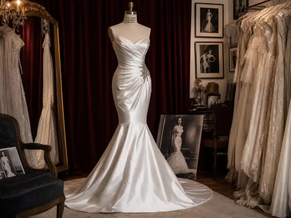 Hollywood glamour satin mermaid celebrity wedding dresses most iconic archive gown on mannequin in vintage bridal atelier