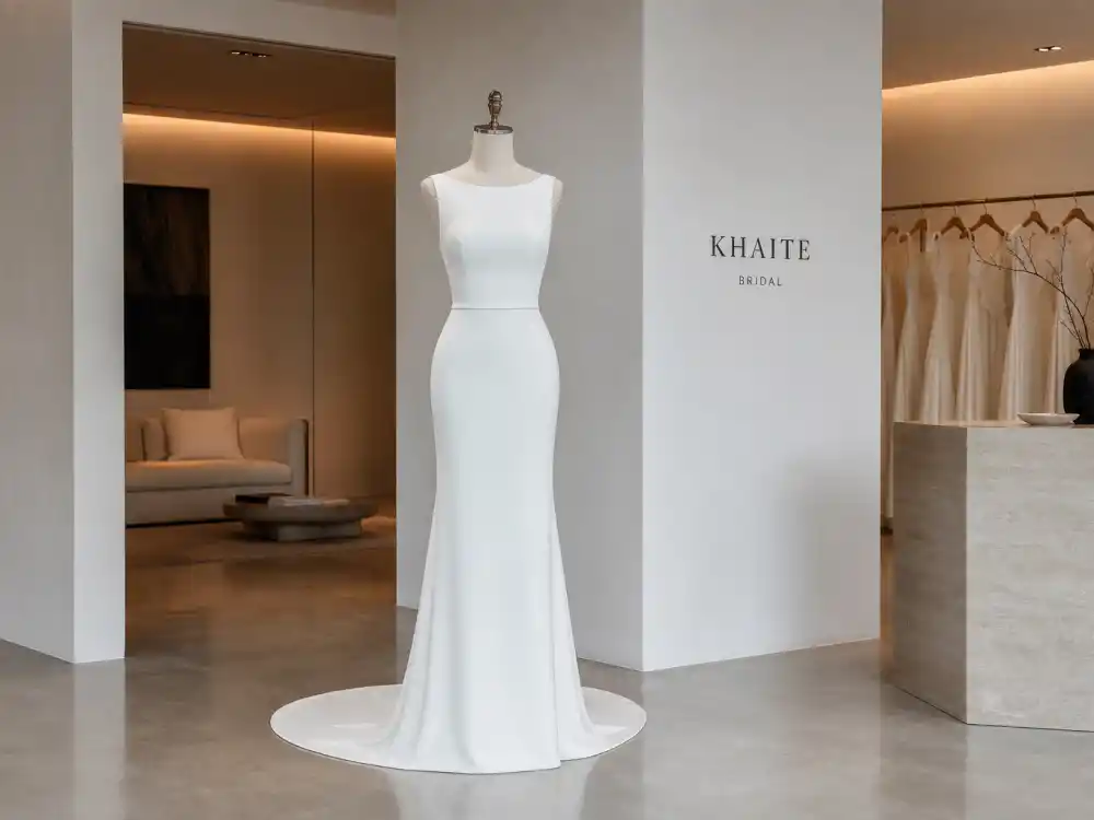 Minimal modern column celebrity wedding dresses most iconic sleek white gown on mannequin in contemporary bridal showroom