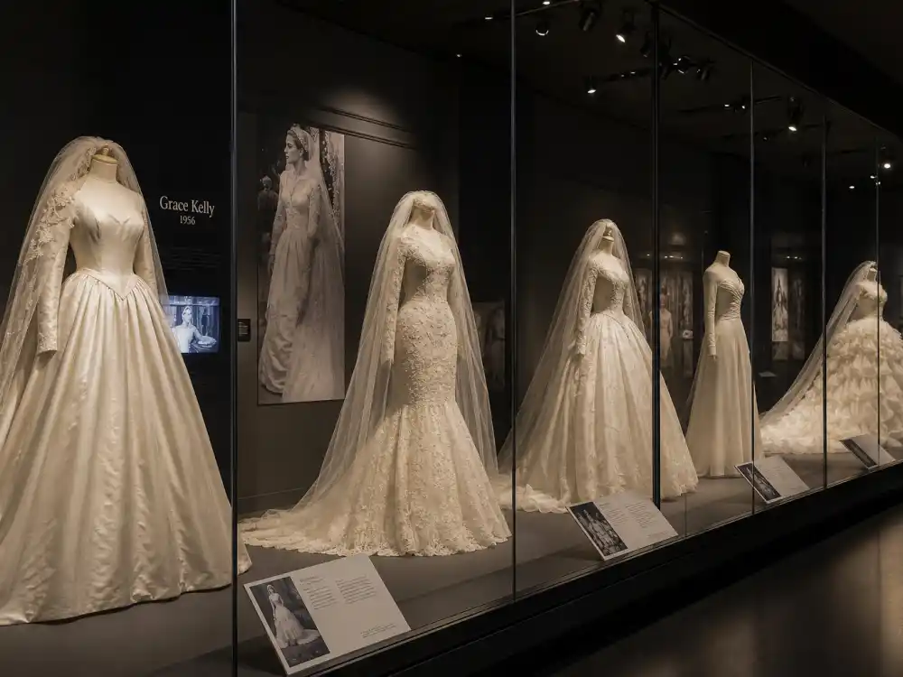 Fashion museum exhibition preserving celebrity wedding dresses most iconic white gowns behind glass in curated bridal gallery