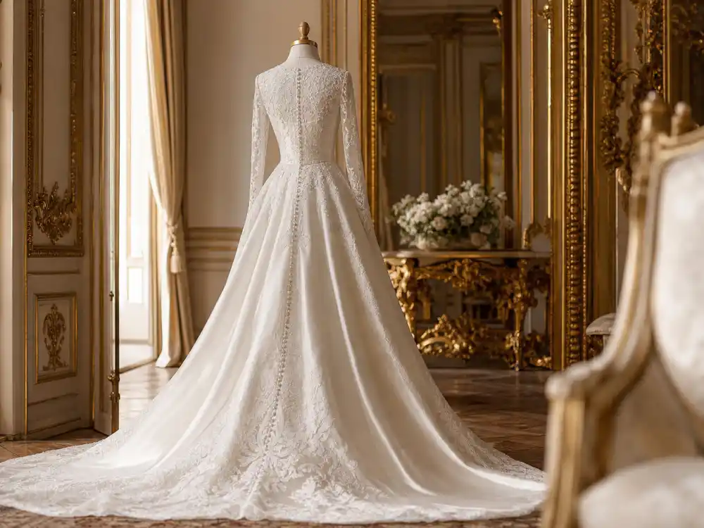 Royal-inspired ivory lace long-sleeve celebrity wedding dresses most iconic silhouette on dress form in palace-style bridal salon