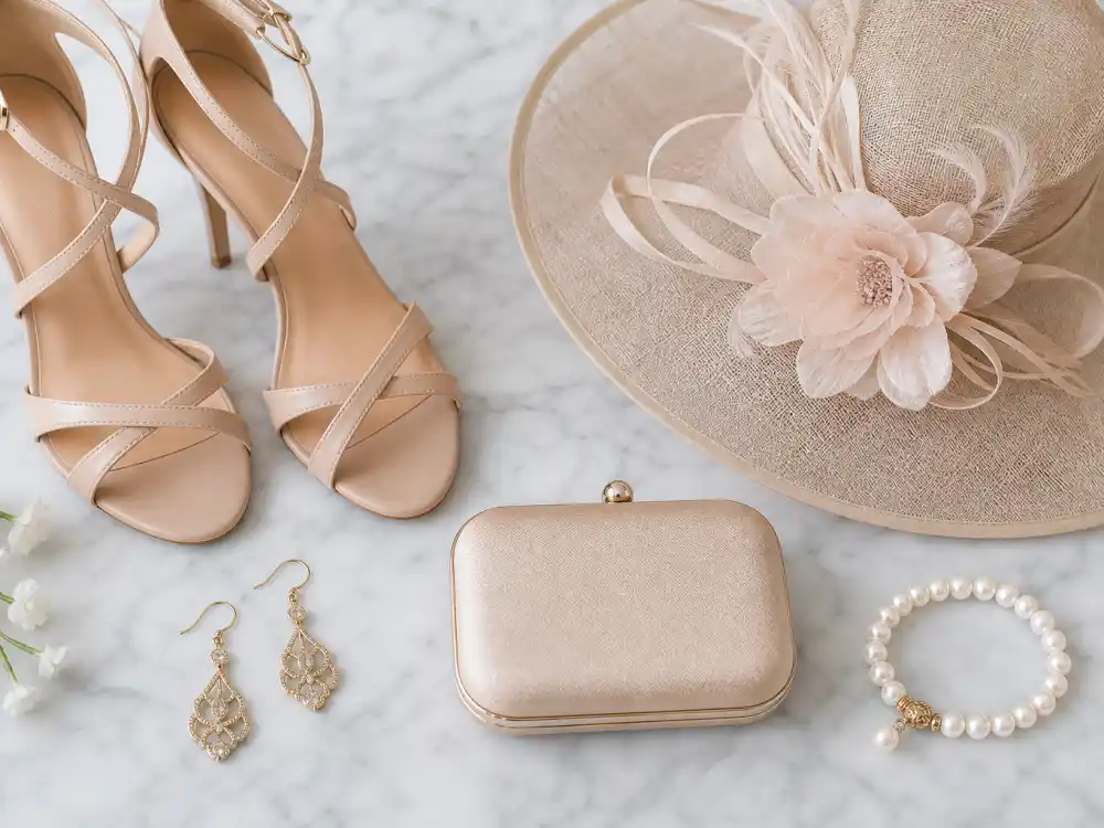 Nude strappy heels clutch fascinator gold earrings and pearl bracelet flat lay completing accessory stacking rules for celebrity wedding guest outfit ideas finishing touches