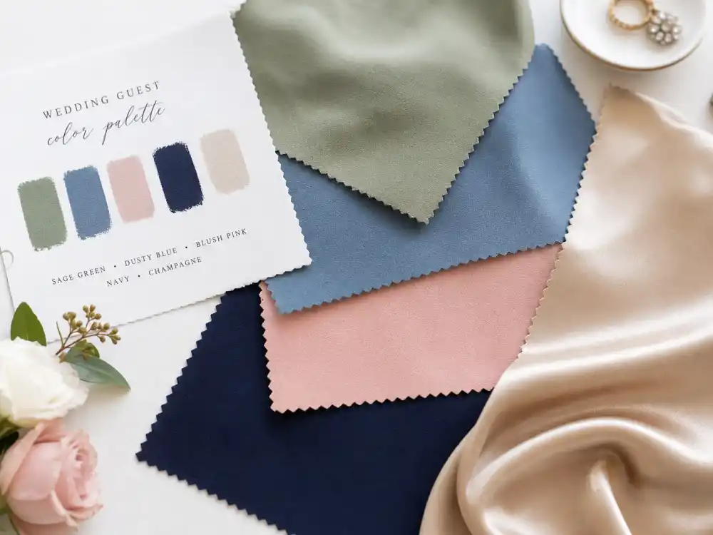 Sage green dusty blue blush pink navy and champagne fabric swatches flat lay illustrating wedding guest color palette trends in celebrity wedding guest outfit ideas dressing rules