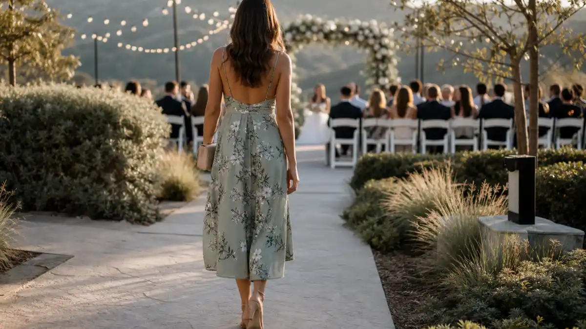 Celebrity wedding guest outfit ideas — anonymous woman from behind in sage green floral midi dress walking toward outdoor wedding ceremony with white chairs floral arch and golden hour string lights