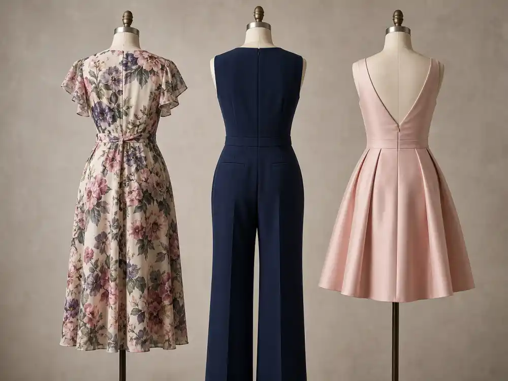Three wedding guest dress silhouettes on dress forms from behind showing floral midi navy jumpsuit and blush cocktail shapes defining celebrity wedding guest outfit ideas proportion codes