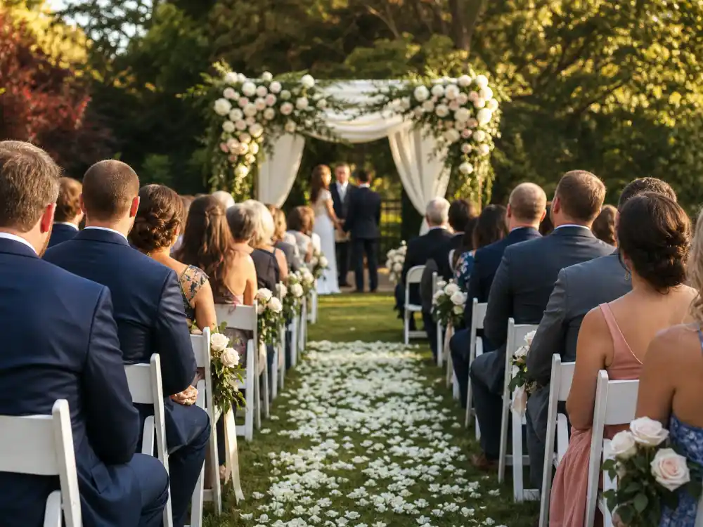 Outdoor garden wedding ceremony with anonymous guests from behind in elegant dresses seated in white chairs facing floral arch defining celebrity wedding guest outfit ideas venue context