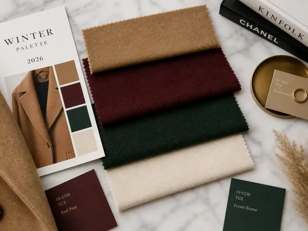 Winter coat color palette flat lay with camel burgundy forest green and cream wool fabric swatches illustrating 2026 color trends in celebrity winter coat style 2026