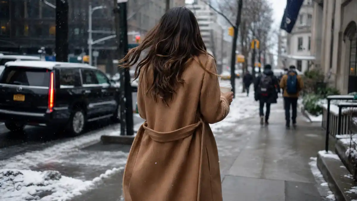 Celebrity winter coat style 2026 — anonymous woman from behind in camel wool wrap coat walking snowy NYC sidewalk with coffee cup and paparazzi winter street style
