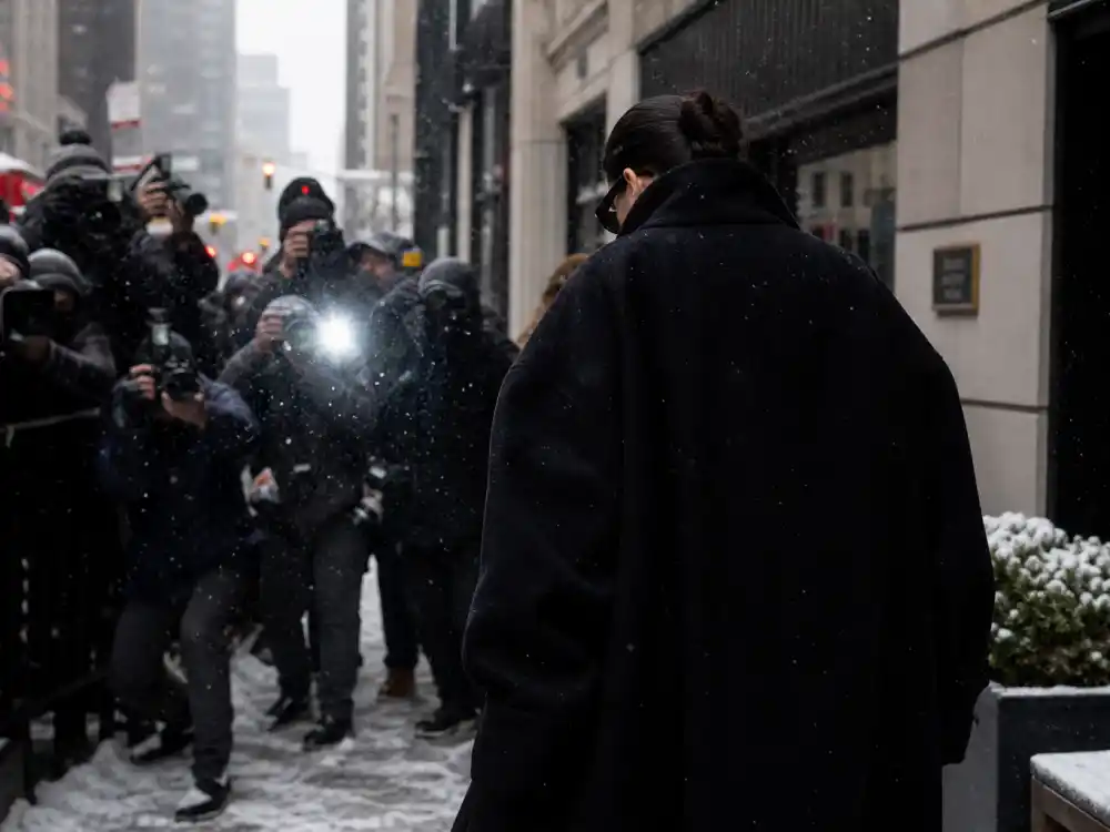 Cold weather celebrity street style with anonymous figure in oversized black wool coat and sunglasses walking past paparazzi on snowy Manhattan sidewalk for celebrity winter coat style 2026