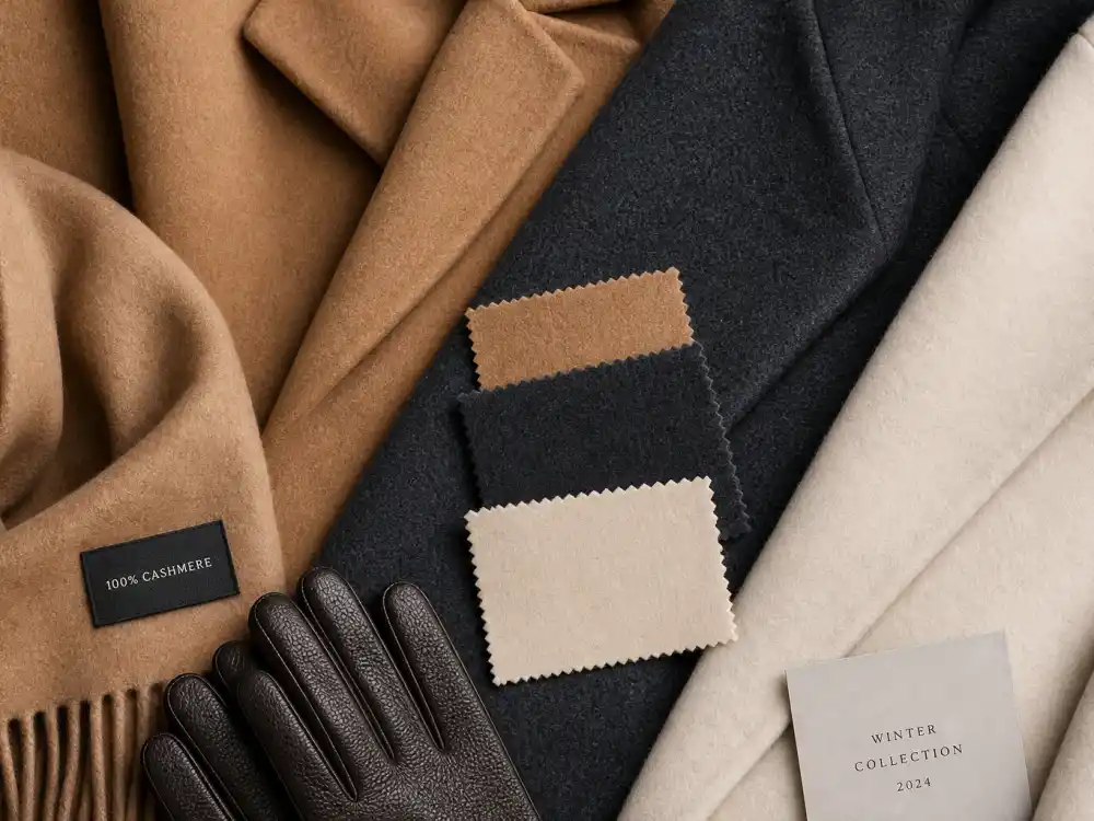 Luxury wool coat fabric swatches in camel charcoal and cream with cashmere scarf and leather gloves flat lay defining celebrity winter coat style 2026 texture foundation