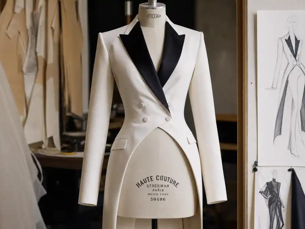 John Galliano atelier white reverse tuxedo tailcoat on couture mannequin defining Celine Dion reverse tuxedo Grammys construction and backwards tailoring