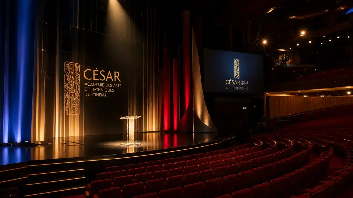 Cesar Awards France explained — golden César statuette on awards ceremony stage at the Académie des Arts et Techniques du Cinéma night in Paris