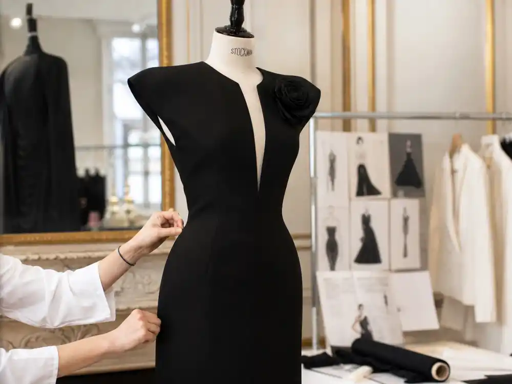 Black haute couture column gown on dress form in Paris atelier defining the evening silhouette lane within Chanel celebrity red carpet looks archives