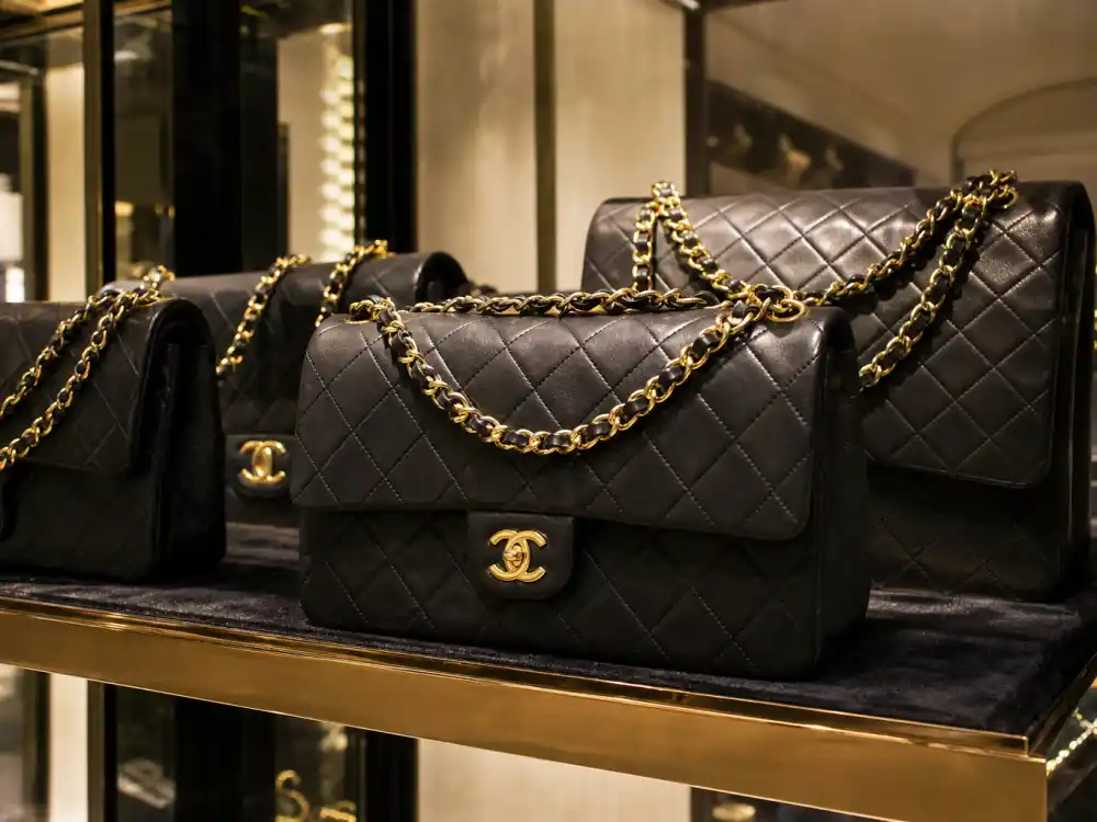 Quilted Chanel handbags on velvet boutique shelf showing the accessory signature that completes Chanel celebrity red carpet looks from premiere to after-party