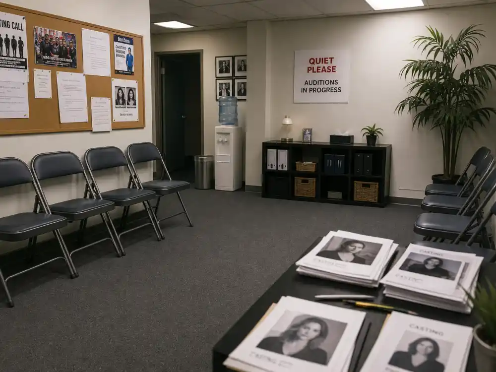 Casting office waiting room evoking how child actors where are they now 2026 careers began with auditions