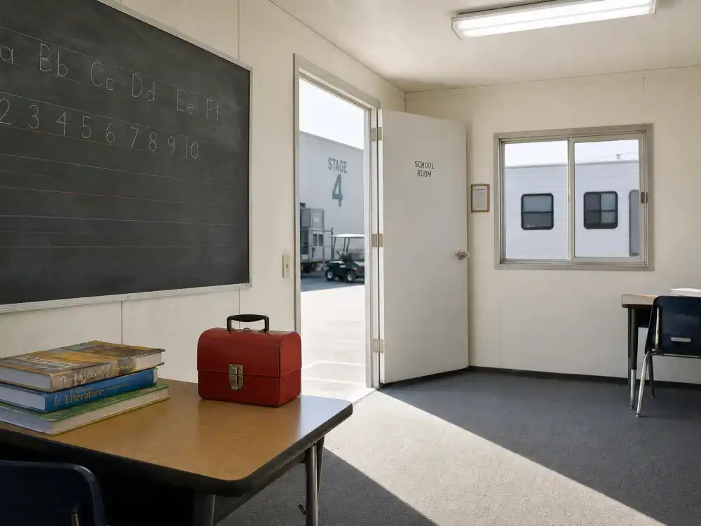 School trailer on a film lot for child actors where are they now 2026 education between takes