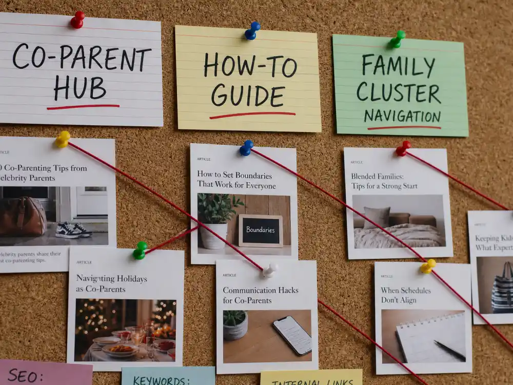 Cluster navigation cork board for Chris Martin Gwyneth Paltrow co-parenting cross-link to co-parent hub 27314 how-to 27338