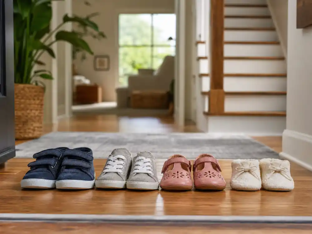 Four pairs of children shoes for Chrissy Teigen baby announcement surrogate family — Luna Miles Esti and Wren Stephens household after 2023 arrivals