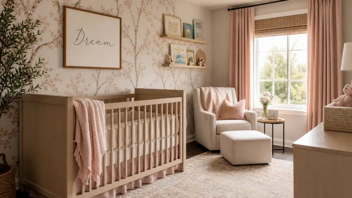 Chrissy Teigen baby announcement surrogate nursery hub — warm family crib with soft pink accents and natural window light in a celebrity-style home