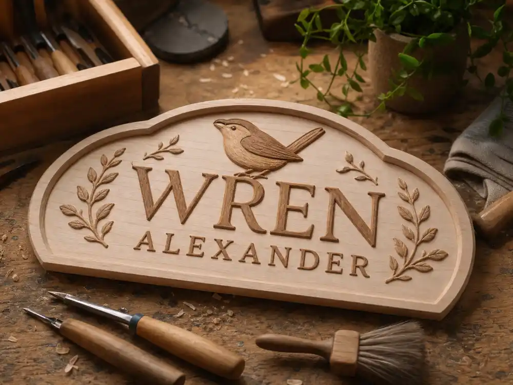 Wren Alexander name plaque craft for Chrissy Teigen baby announcement surrogate tribute — middle name honors surrogate Alexandra per June 2023 reveal