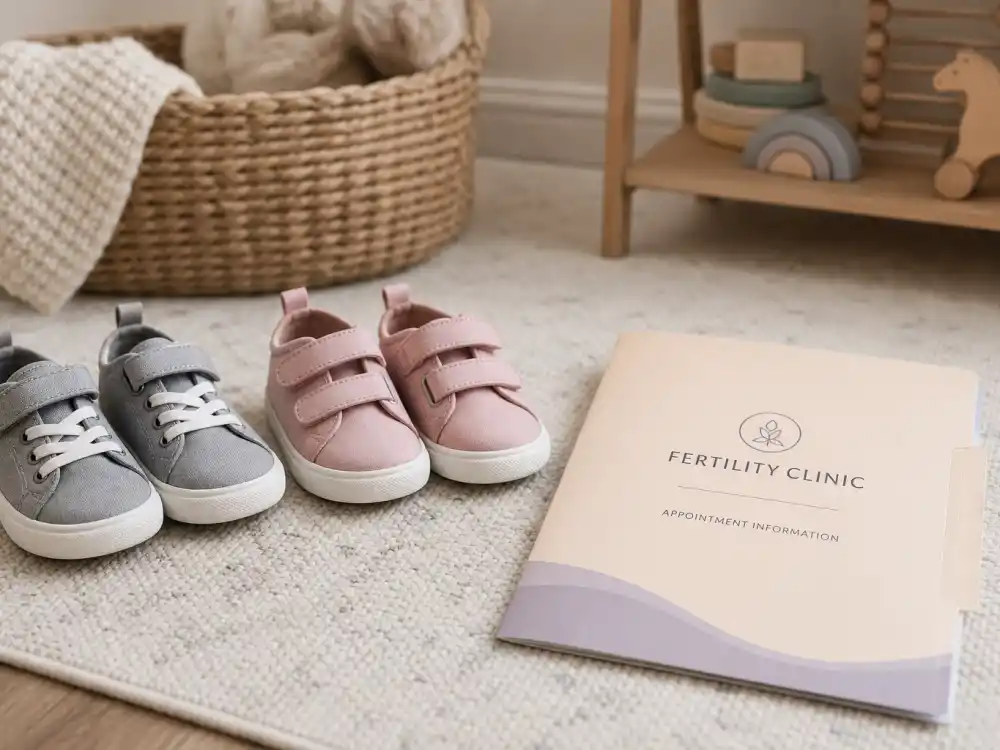 Children shoes beside clinic folder for Chrissy Teigen IVF and surrogacy timeline — Luna Simone and Miles Theodore IVF journey context