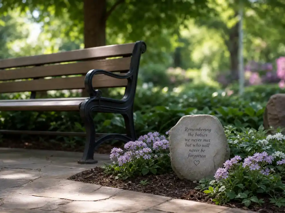 Memorial garden bench for Chrissy Teigen IVF and surrogacy timeline — October 2020 Jack pregnancy loss remembrance editorial