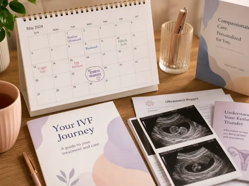 IVF fertility planning desk for Chrissy Teigen IVF and surrogacy timeline — embryo transfer calendar before Luna and Miles arrivals