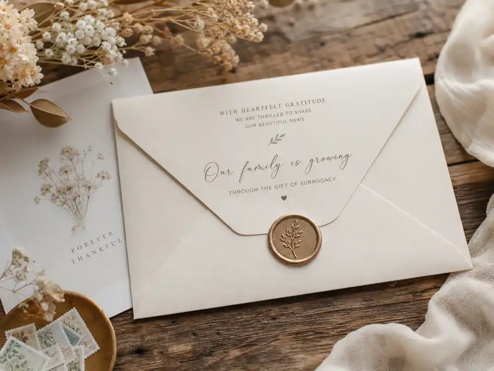 Surrogate birth announcement envelope for Chrissy Teigen IVF and surrogacy timeline — Wren Alexander Stephens June 2023 Alexandra journey
