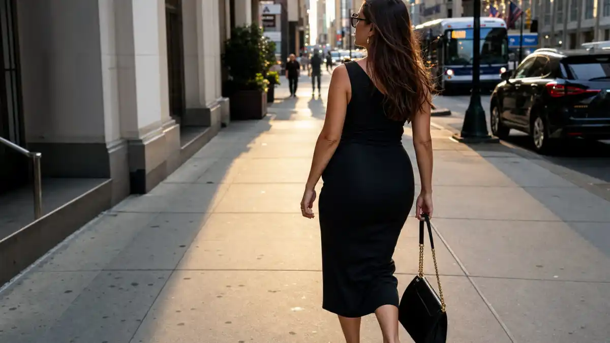 Chrissy Teigen maternity style outfits — pregnant woman in fitted black silk midi dress walking NYC sidewalk at golden hour shot from behind with visible baby bump
