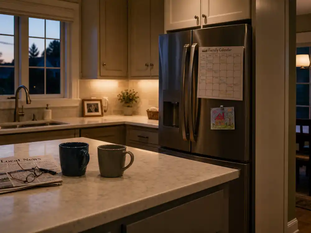 A quiet suburban kitchen at dusk for where Christine Taylor is now in 2026 private family life