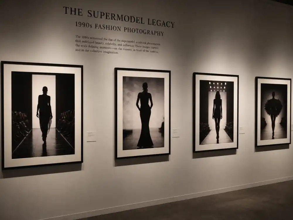 Museum gallery of 1990s fashion photography celebrating Claudia Schiffer supermodel legacy