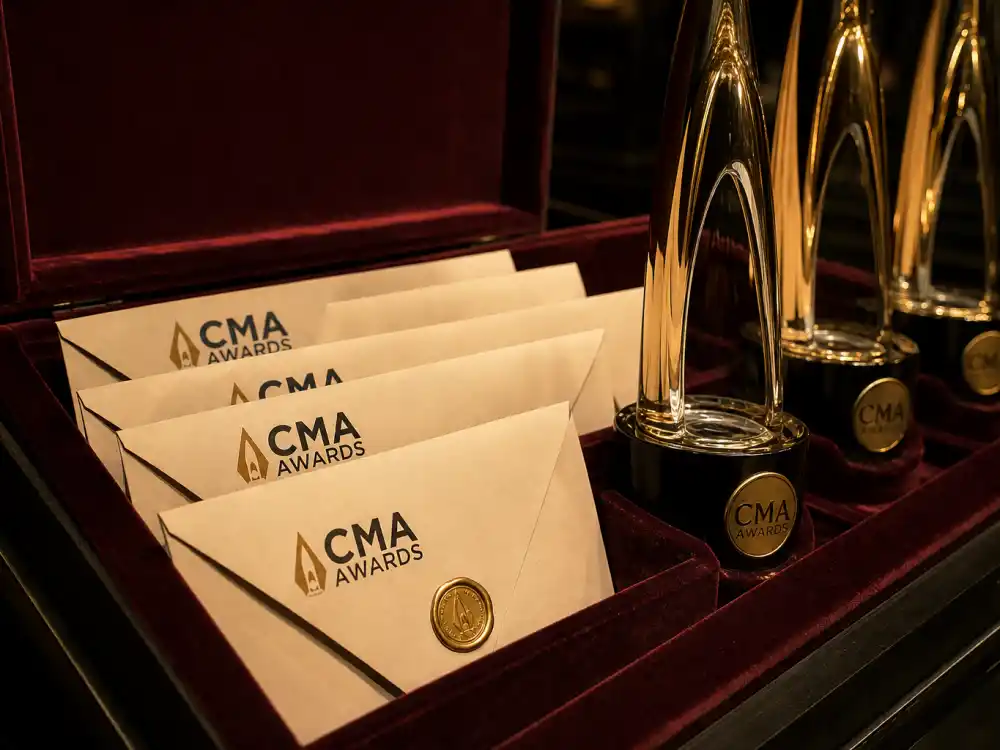 Sealed CMA award envelopes beside golden country music trophies illustrating how CMA Entertainer of the Year winners by year are revealed live