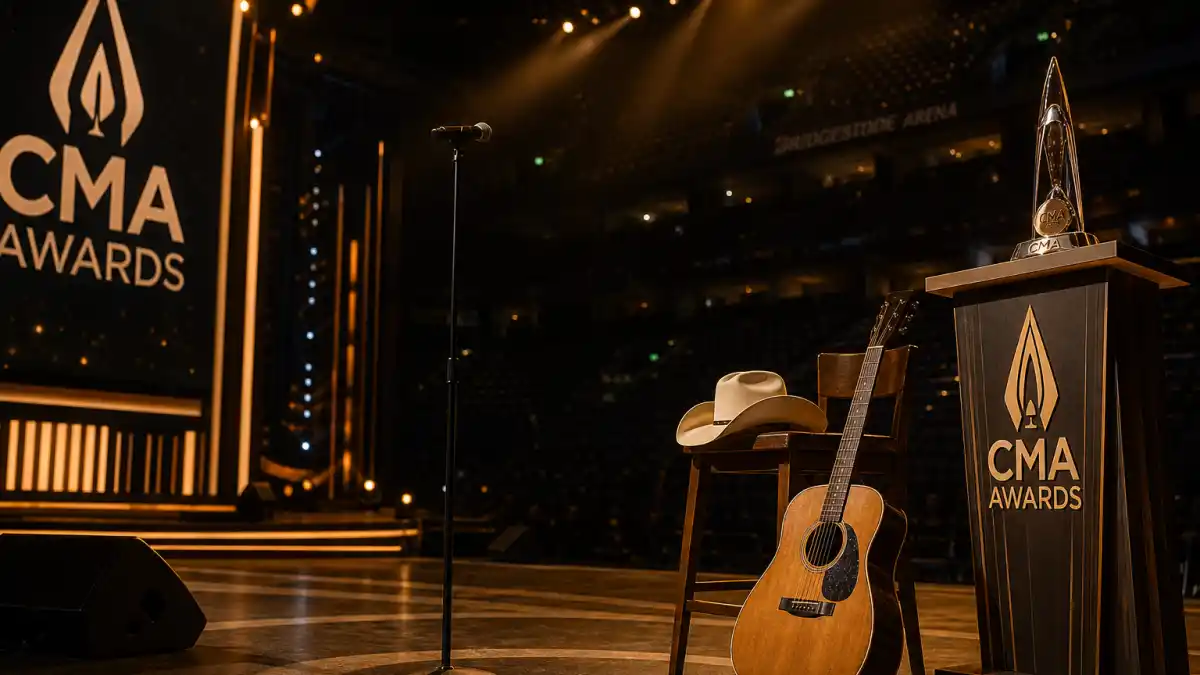 CMA Awards 2026 winners list — Bridgestone Arena Nashville ceremony stage with bronze trophy and acoustic guitar before November 18 live ABC telecast