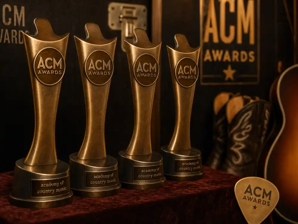 Bronze CMA Award trophies on display backstage evoke every category on the CMA Awards 2026 winners list before envelopes open live