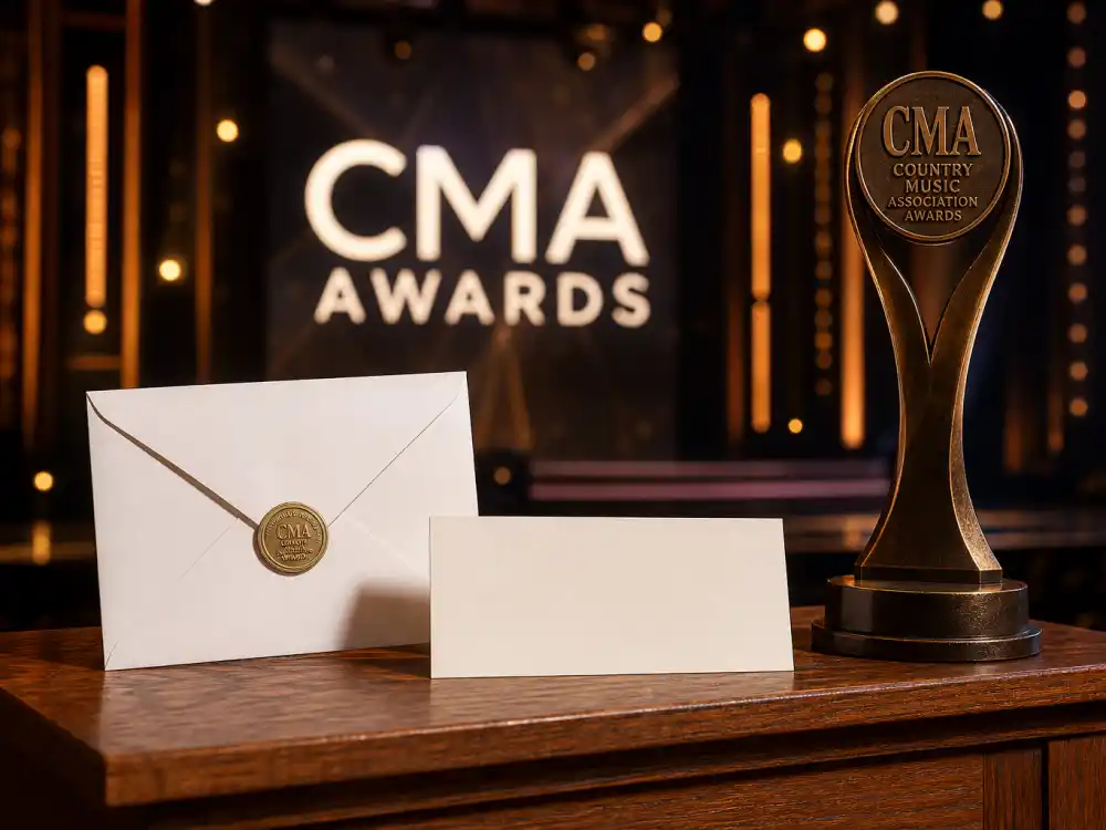 Sealed envelope on podium beside blank winner placard before November ceremony when CMA Awards 2026 winners list goes live