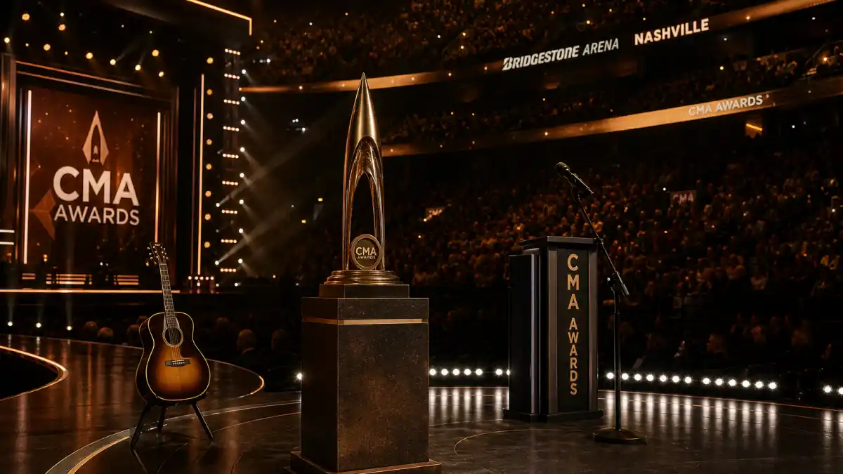 CMA Awards most memorable moments — Bridgestone Arena Nashville ceremony stage with bronze trophy and acoustic guitar under golden spotlights