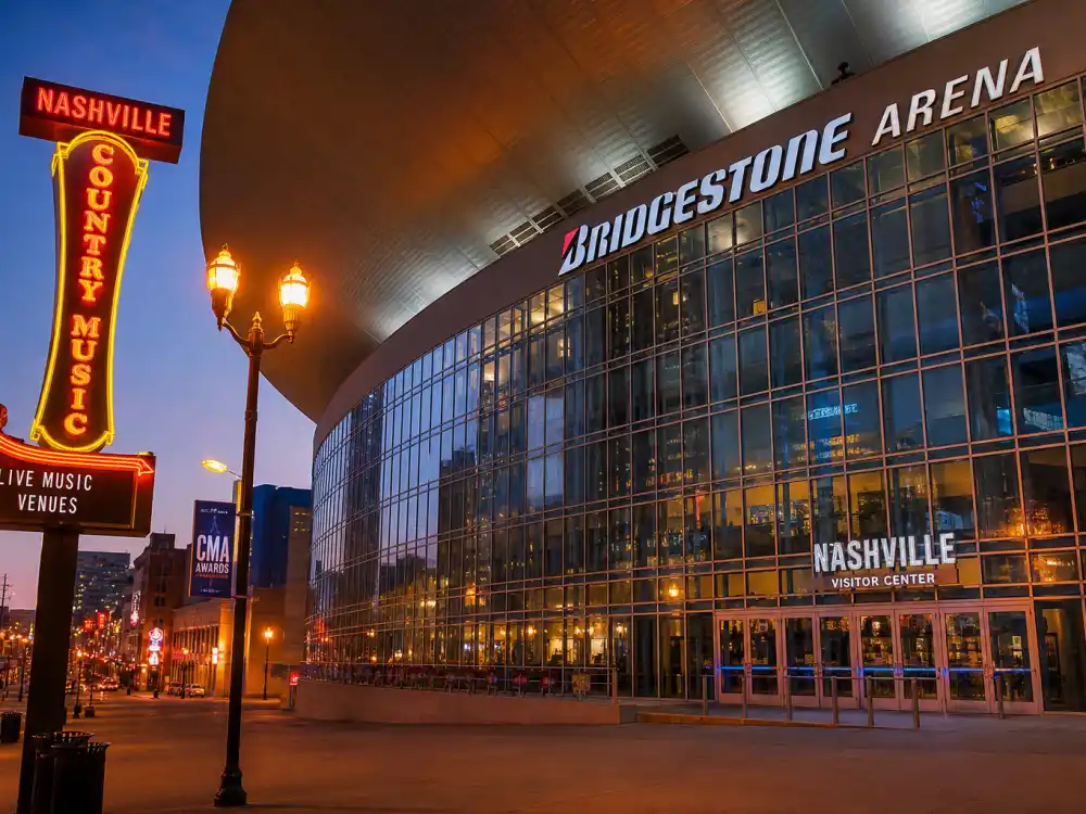 Bridgestone Arena Nashville exterior where the CMA Awards 2026 winners list will be revealed on November 18 live ABC and Hulu telecast