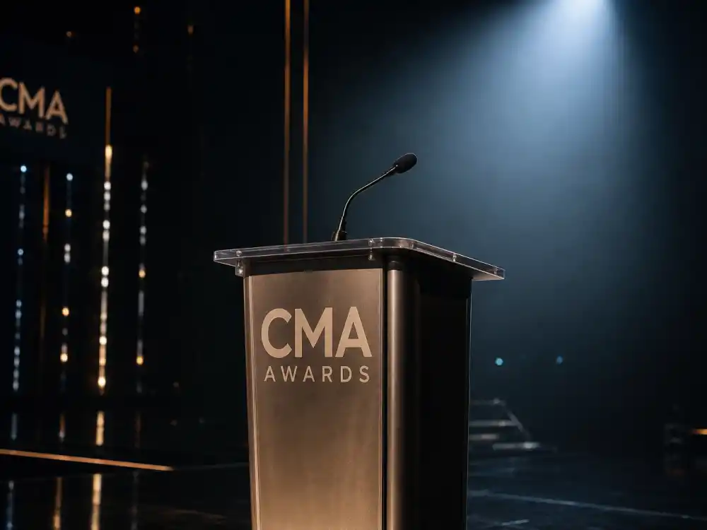 Empty CMA Awards ceremony podium with microphone where CMA Entertainer of the Year winners by year are announced as the final trophy of the night