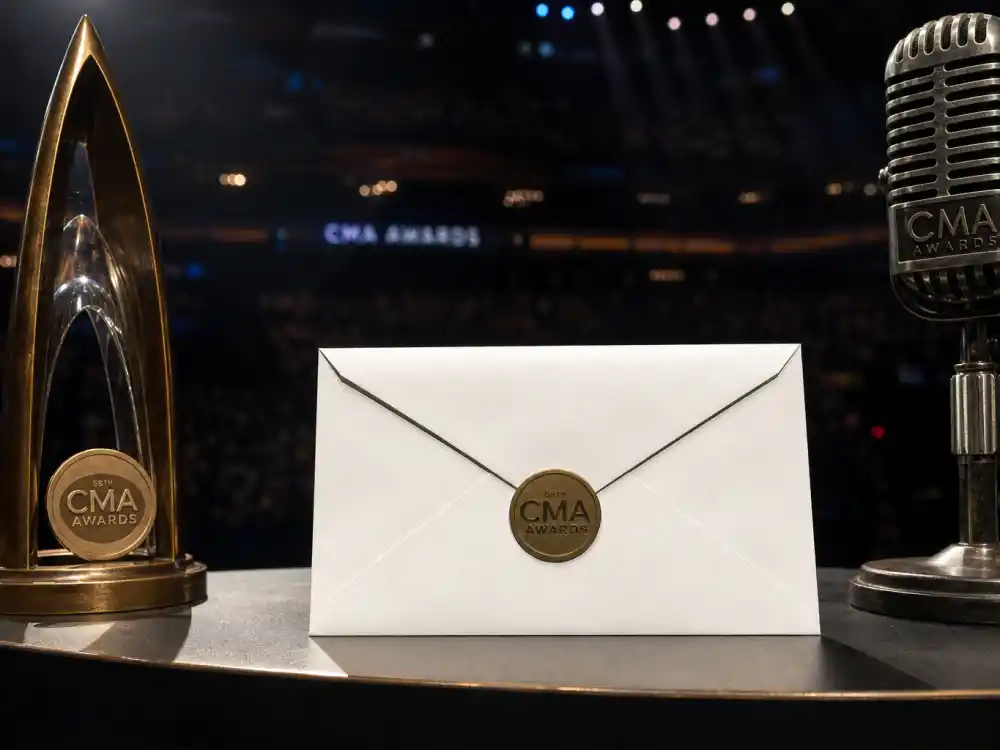 Sealed envelope beside bronze CMA trophy on podium captures the suspense beat in CMA Awards most memorable moments before winners are announced live