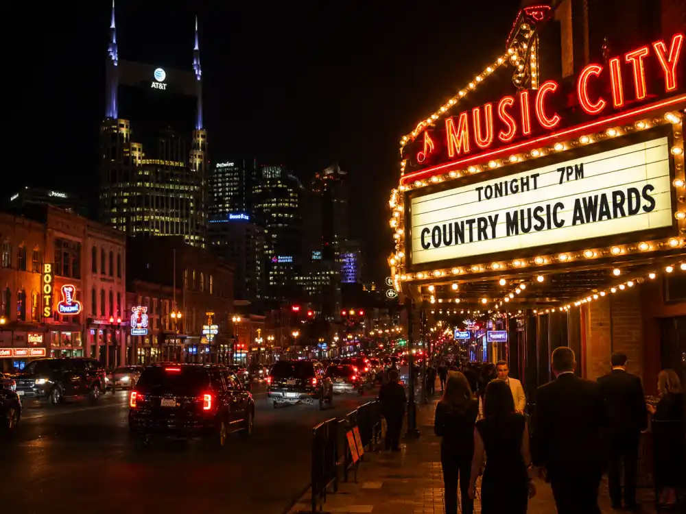 Nashville skyline at night during country music awards season when CMA Entertainer of the Year winners by year are crowned in Music City